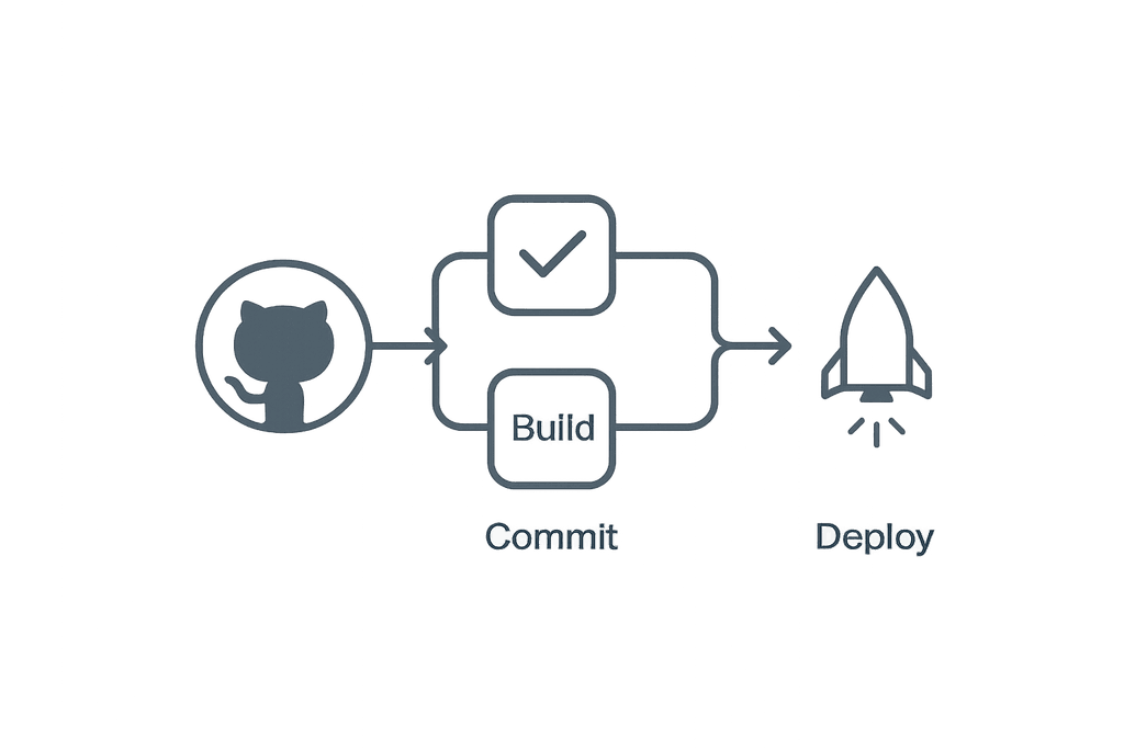 A stylized code commit with green checkmarks auto-connecting to a cloud icon or deployment badge.